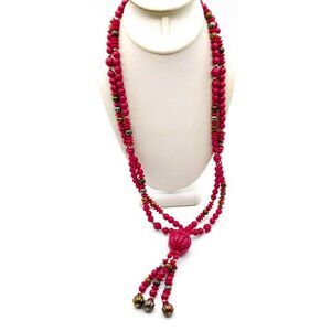 Vintage Multi Strand Tassel Necklace, Red Lucite and Fluted Beads Double Strand